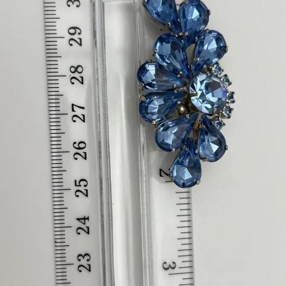 Vintage Brooch Blue Rhinestones 2" Asymmetrical Design - Picture 6 of 7